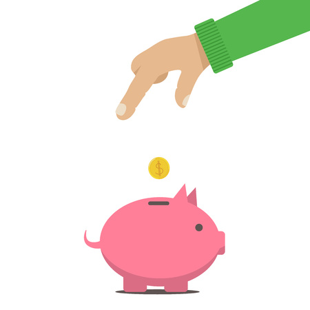 The man put money into a money box piggy bank. Vector illustration eps 8のイラスト素材