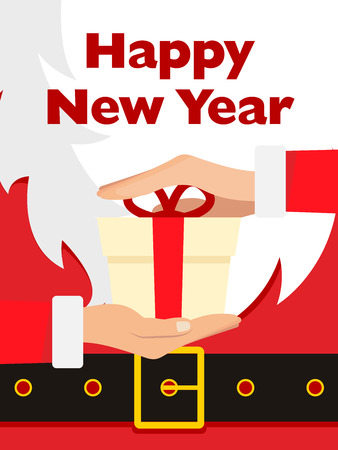Santa Claus message banner. Red Santa Claus suit, leather belt with gold buckle, white beard, offering gift or present, concept for christmas greeting or invitation card.のイラスト素材