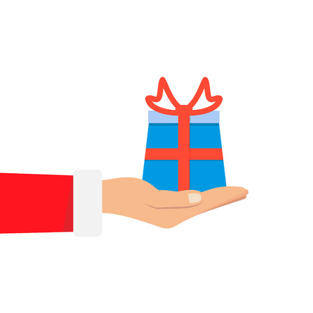 Gift from Santa Claus. Santa Claus holding white gift box in hand. Vector illustration flat design. Merry Christmas and Happy New Year on a snowy background.のイラスト素材
