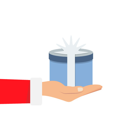 Gift from Santa Claus. Santa Claus holding white gift box in hand. Vector illustration flat design. Merry Christmas and Happy New Year on a snowy background.のイラスト素材