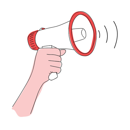 Megaphone in hand vector illustration. Loudspeaker in hand. Comic book style imitation. Vintage retro style. Conceptual illustrationのイラスト素材