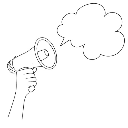 Man hand holding megaphone announcement with cloud. Hand Drawn Skech Cartoon Vector Background.のイラスト素材