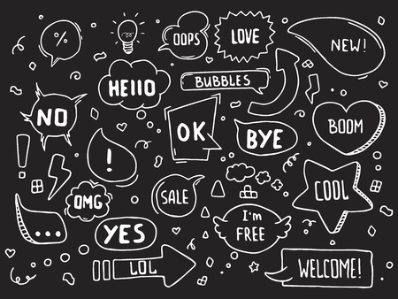 Hand drawn white speech bubbles with words on blackboardのイラスト素材