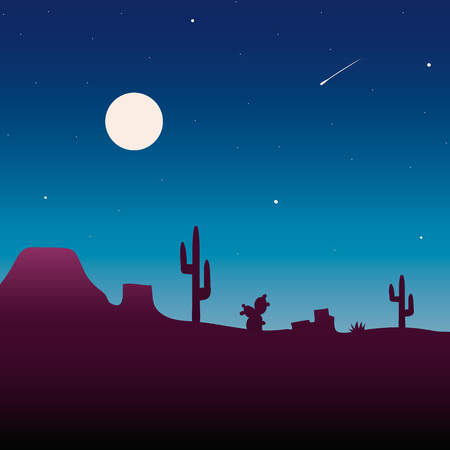 Desert landscape under the night sky vector illustration. Night desert area with silhouettes of stones, cacti, plants and mountains.のイラスト素材