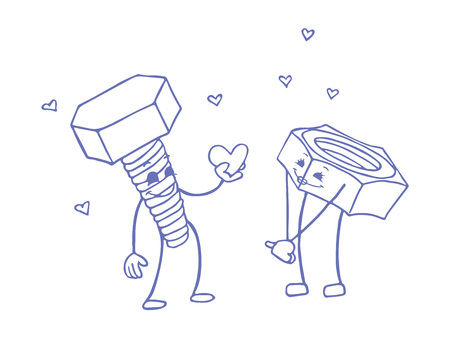 Love between bolt and nut. Vector doodle sketch. Vector illustration on white background. EPS8のイラスト素材