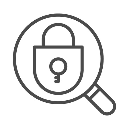 Magnifying glass with closed padlock. Outline icon on white background. Eps 8のイラスト素材