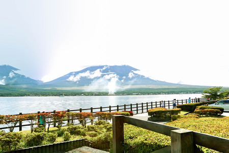 Mt. fuji  and lake on the blue sky background,the most famous in Japan to traveling, Fujiyama, Fuji-san, Japan.の写真素材