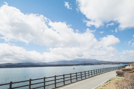 Mt fuji and Lake  in spring season on the sky background,the most famous place in Japan to traveling, Fujiyoshida, Japanの写真素材