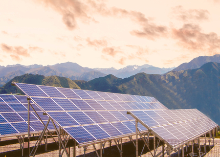 Solar power panels innovation green energy for life with blue sky background,Obuse Town,Nagano,Japan.の写真素材