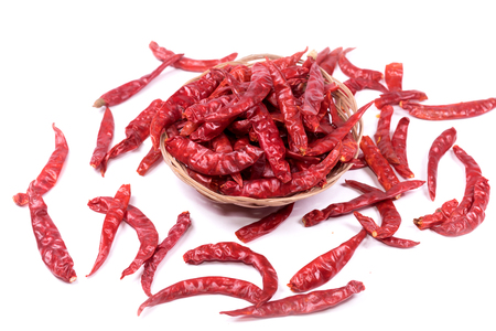 Dried red  chilies  on white background .の写真素材
