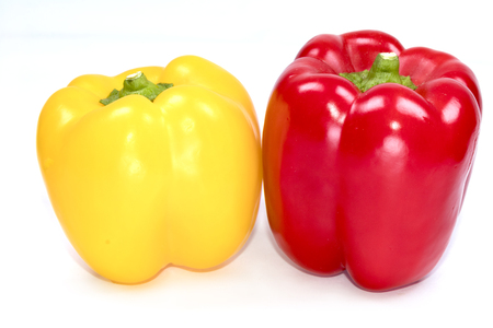 Fresh paprika (sweet peppers,bell peppers)  Red, Yellow Peppers isolated on a white background  with clipping path.の写真素材