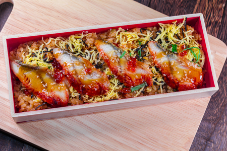 Japanese Cuisine with rice, japanese food  on a grey wooden table wall background .の写真素材
