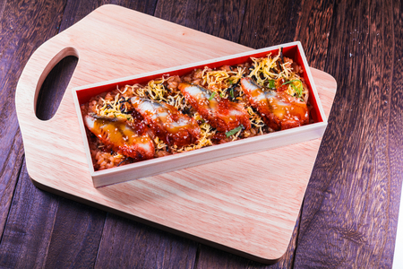 Japanese Cuisine with rice, japanese food  on a grey wooden table wall background .の写真素材
