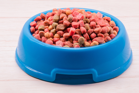 Dog snack ,dog chews, dog biscuits on a white wooden table wall backgroundの写真素材