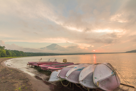 Mt. Fuji and sunset with sun rays at Lake Kawaguchiko, the most famous place in Japan to traveling in Yamanashi Prefecture, Japanの写真素材