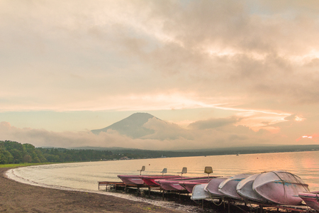 Mt. Fuji and Kawaguchiko Lake at sunset, the most famous place in Japan to traveling in Yamanashi Prefecture, Japanの写真素材