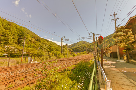 Railway at Narai  is a  small town in Nagano Prefecture Japan ,The old  town provided a pleasant walk through about a kilometre of well preserved buildings.の写真素材