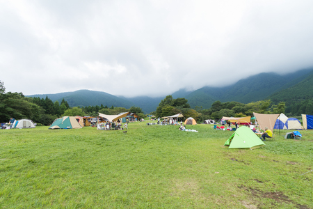 Lake and mountain view ,Camping tents in Yamanashi Prefecture, Japan .の写真素材