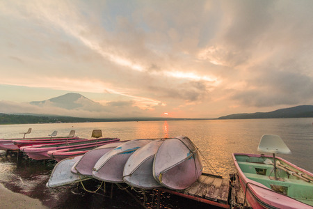 Mt. Fuji and sun rays à¸à¸ sunset  Kawaguchiko  Lake, the most famous place in Japan to traveling in Yamanashi Prefecture, Japanの写真素材