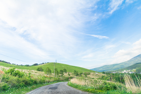 Beautiful  landscape view of  a country road with  blue sky  background in Utsukushigahara park is  one of the most important and popular natural place in Nagano Prefecture , Japan.の写真素材