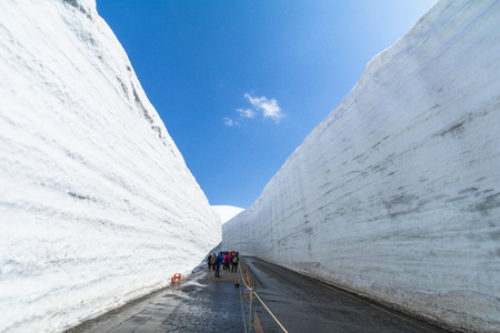 Road between snow wall of  Tateyama Kurobe Alpine Route or Japanese Alps with blue sky  background is  one of the most important and popular natural place in Toyama Prefecture, Japan.の写真素材