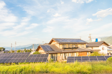 Solar power panels for innovation green energy for life with blue sky background.の写真素材