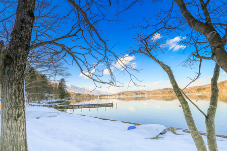 Beautiful fresh snow in winter around the mountains  Lake ,and tree  with blue sky  background, Nagano Prefecture, Japan.の写真素材