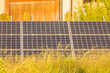 Solar power panels for innovation green energy for life with blue sky background.の写真素材