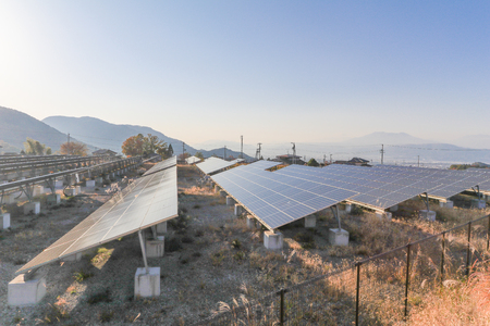 Solar power panels ,Photovoltaic modules for innovation green energy for life with blue sky background.の写真素材