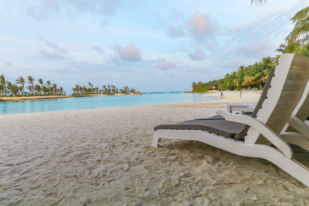 Amazing island in the Maldives ,Beautiful turquoise waters and white sandy beach with  blue sky  background for holiday vacation .の写真素材