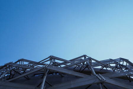 round architecture roof of department store with blue sky background. Showing structure of building.の写真素材