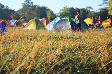 Morning landscape in mountains with tourist tent in phukradung national park, Thailandの写真素材