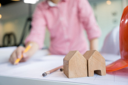 Engineer sketching architectural project on blueprint, engineering concept, architectural conceptの写真素材