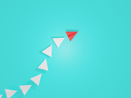 3d render, paper plane on blue color background, leadership in guiding followers or members of an organization, Business concept.の写真素材