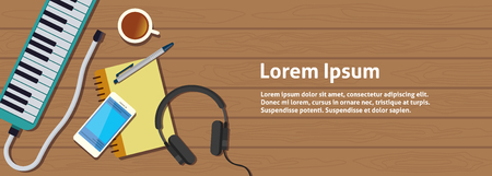 musician song writer looking for inspiration on the desk music enthusiast concept top view banner flat vector illustrationのイラスト素材