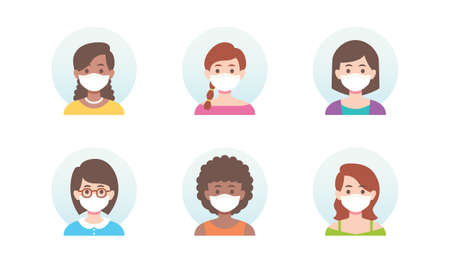Coronavirus covid 19 prevention people character avatar wearing white medical face mask new normal global pandemic situation flat vector illustrationのイラスト素材