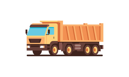 construction heavy machinery equipment yellow dump truck flat vector object illustration isolated on white backgroundのイラスト素材