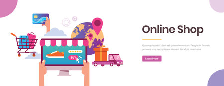Online shopping on the website worldwide shipment flat vector conceptual illustration with editable copy spaceのイラスト素材