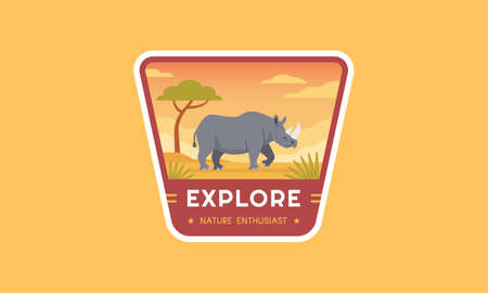 Outdoor wildlife adventure logo badge. Modern travel logo template best for emblem, patch, sticker, label, and many others. A rhinoceros living in a park flat vector illustration.のイラスト素材