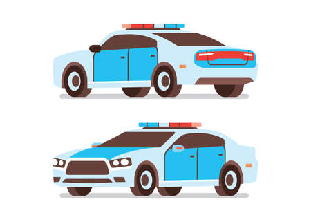 Different angle of police car patrol vehicle siren side view flat isolated objects vector illustrationのイラスト素材