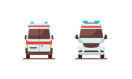 white ambulance car emergency medical service vehicle front and rear angle flat vector illustration isolated on white backgroundのイラスト素材
