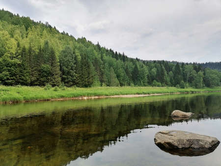 lake in the mountain forestの写真素材