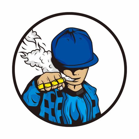 smoking boy wearing blue t-shirt and hat with knuckles artwork illustration vectorのイラスト素材