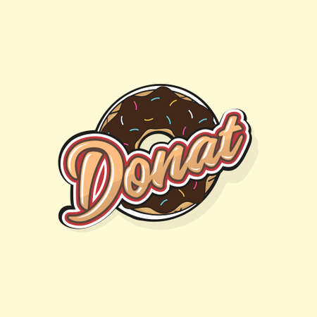 Donat or donut typography design with cartoon chocolate donut vector iilustrationのイラスト素材