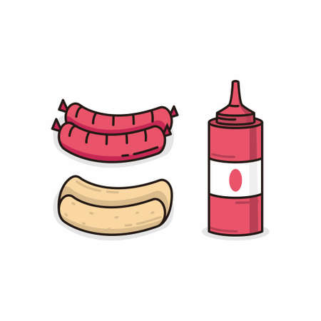 saucage bun and ketchup how to make hotdog cartoon style illustration vectorのイラスト素材