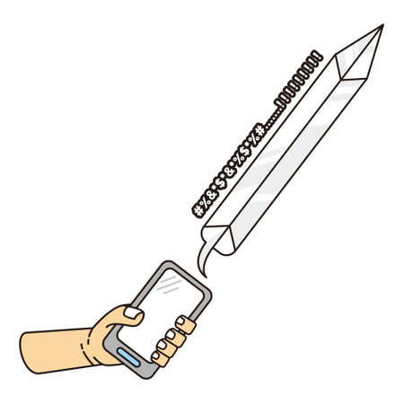 hand holding a phone with sword represent bad word comment illustration cartoon vectorのイラスト素材