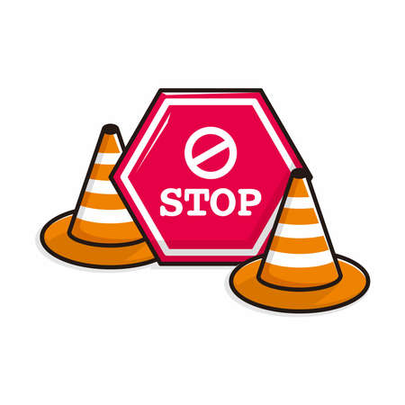 stop sign and road cone cartoon illustration vectorのイラスト素材