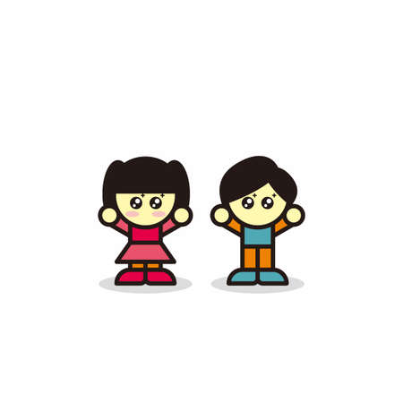 two fun kids boy and girl cartoon character illustration design vectorのイラスト素材