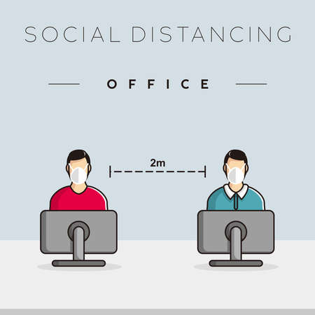 social distancing at the office worker character mascot illustration design vectorのイラスト素材