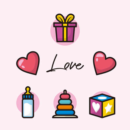 baby toys and present with love object cartoon illustration design vectorのイラスト素材
